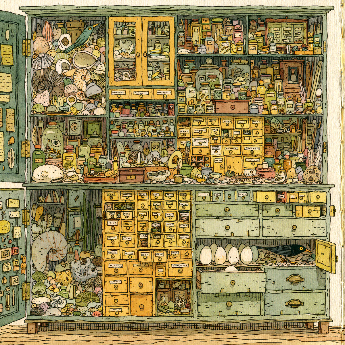 Whimsical Cutaway Illustration Of A Cluttered Curiosity Cabin, work 649 by Michael Hoydich