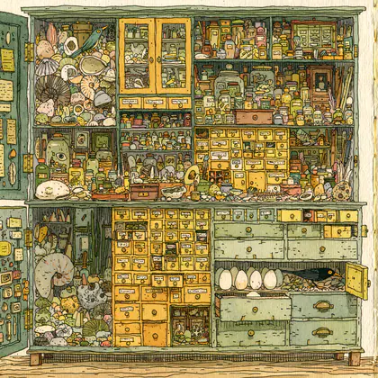Whimsical Cutaway Illustration Of A Cluttered Curiosity Cabin, course cover for UES-209